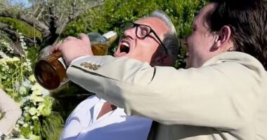 Gary Lineker raucously swigged booze from a bottle as he reunited with brother Wayne at a family wedding amid their 17-year feud