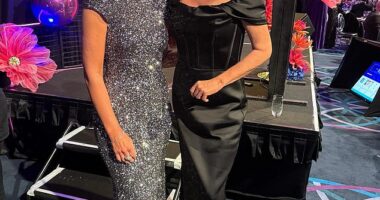 Angela Bishop (right) is getting her 'cost per wear' down when it comes to her favourite gown. She again wore her $1,599 frock from Rebecca Vallance at Grace Gala this weekend . Pictured alongside Natarsha Belling