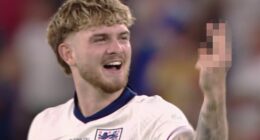 Harvey Elliott held up a V-sign towards someone after England's U21 Euro triumph vs Germany