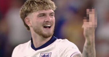 Harvey Elliott held up a V-sign towards someone after England's U21 Euro triumph vs Germany