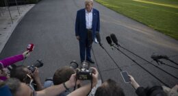 President Donald Trump speaks to press before his departure at the White House to route The Hague, Netherlands on June 24, 2025, in Washington D.C. to attend NATO Summit in Netherlands