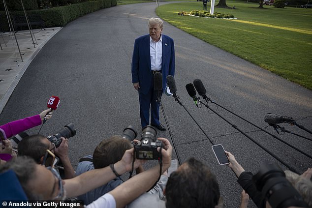President Donald Trump speaks to press before his departure at the White House to route The Hague, Netherlands on June 24, 2025, in Washington D.C. to attend NATO Summit in Netherlands