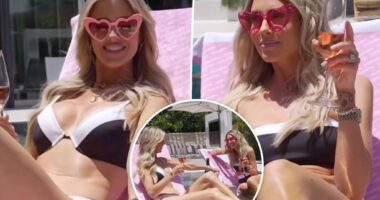Heather Rae Young and Christina Haack twin in bikinis for poolside shoot