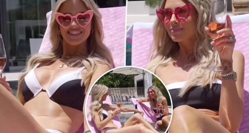 Heather Rae Young and Christina Haack twin in bikinis for poolside shoot