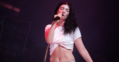 Music icon Lorde, 28, has reportedly gone public with her new romance with music record producer Jim E-Stack as they partied at Glastonbury (pictured on Friday at Glastonbury)