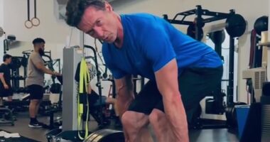 Fans have gone wild over a video showing Hollywood superstar Hugh Jackman doing some 'heavy lifting' in a particularly tough gym workout. Pictured: A scene from the clip which was shared to Hugh's Instagram