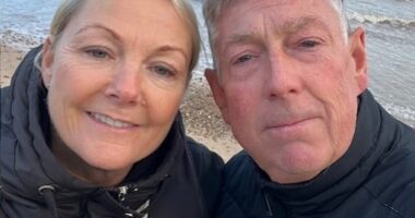 Dean Valentine (right), who said he has fallen chronically ill after the Pfizer Covid vaccine, is married to child star Alison Bettles (left) from Grange Hill (now Alison Valentine). Mr Valentine is pictured 18 months after the vaccine