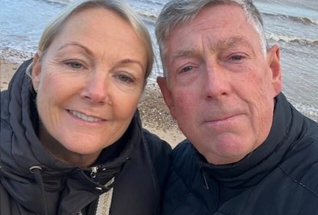 Dean Valentine (right), who said he has fallen chronically ill after the Pfizer Covid vaccine, is married to child star Alison Bettles (left) from Grange Hill (now Alison Valentine). Mr Valentine is pictured 18 months after the vaccine