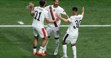 Ilkay Gundogan pictured (centre) celebrating with his Manchester City team-mates after scoring against Abu Dhabi side Al Ain at the FIFA Club World Cup on Sunday night