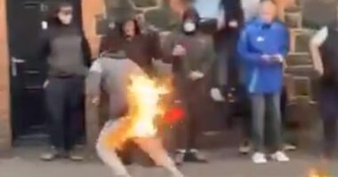 This is the shocking moment one protestor went up in flames as rioters hurled petrol bombs, fireworks and masonry at police officers