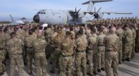 The Typhoon fleet at the UK's RAF Akrotiri on the Mediterranean island of Cyprus, just over 250 miles from Israel, has been bolstered in recent days. Pictured: Prime Minister Sir Keir Starmer speaks to soldiers at RAF Akrotiri in December last year