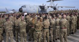 The Typhoon fleet at the UK's RAF Akrotiri on the Mediterranean island of Cyprus, just over 250 miles from Israel, has been bolstered in recent days. Pictured: Prime Minister Sir Keir Starmer speaks to soldiers at RAF Akrotiri in December last year