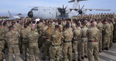 The Typhoon fleet at the UK's RAF Akrotiri on the Mediterranean island of Cyprus, just over 250 miles from Israel, has been bolstered in recent days. Pictured: Prime Minister Sir Keir Starmer speaks to soldiers at RAF Akrotiri in December last year