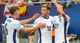 James McAtee (centre) scored and captained England to a famous quarter-final win over Spain