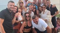 Jamie Vardy (left) and his wife Rebekah (3rd right) enjoyed some drinks with Harry Maguire (2nd right), James Maddison (centre) and their families in Portugal
