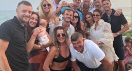 Jamie Vardy (left) and his wife Rebekah (3rd right) enjoyed some drinks with Harry Maguire (2nd right), James Maddison (centre) and their families in Portugal