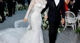 The backlash to the Bezos wedding has begun - as Lauren (pictured) has been accused of 'ripping off' royal wedding dresses