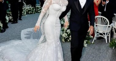 The backlash to the Bezos wedding has begun - as Lauren (pictured) has been accused of 'ripping off' royal wedding dresses