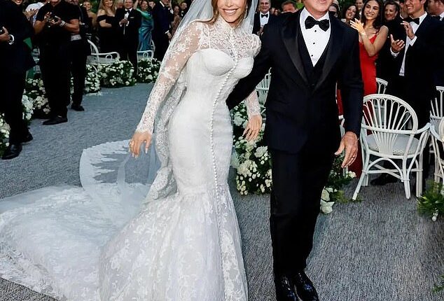 The backlash to the Bezos wedding has begun - as Lauren (pictured) has been accused of 'ripping off' royal wedding dresses