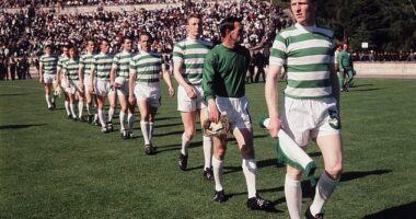 John Clark (centre) strides out with his team-mates before they made history in 1967