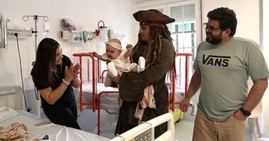 Johnny Depp made a surprise appearance as Captain Jack Sparrow at the Niño Jesús University Children's Hospital, in Madrid on Wednesday