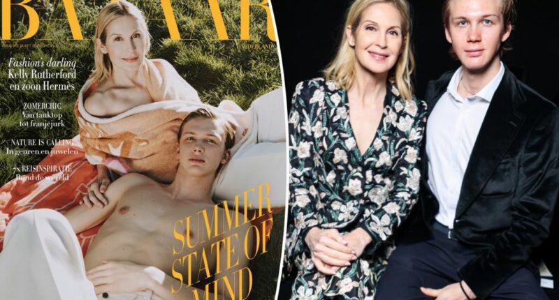 Kelly Rutherford poses with son Hermés in fashion magazine