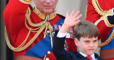 Prince Louis (pictured, right) is seen emulating his beloved grandfather King Charles (pictured, left) during Trooping the Colour on Saturday