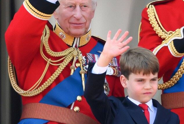 Prince Louis (pictured, right) is seen emulating his beloved grandfather King Charles (pictured, left) during Trooping the Colour on Saturday