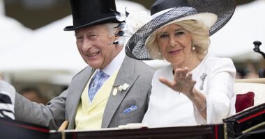 King Charles and Queen Camilla are pictured arriving on day five of Royal Ascot on Saturday