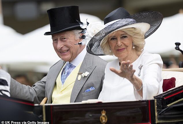 King Charles and Queen Camilla are pictured arriving on day five of Royal Ascot on Saturday