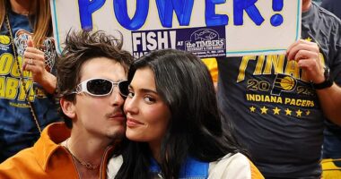 Kylie Jenner and boyfriend Timothee Chalamet took part in yet another courtside kiss fest as they attended the Knicks game in Indianapolis on Saturday amid the 2025 NBA Playoffs