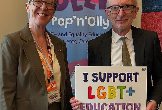 Labour MPs have shown support for an activist group which promotes 'transgender Cinderella' books to primary schools (pictured left to right: Mel Lane, head of education at Pop¿n¿Olly, with Paul Davies MP)