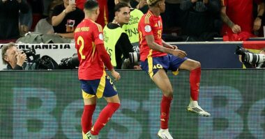 Lamine Yamal celebrates by sitting on the advertisement hoardings and posing for the cameras