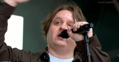 Lewis Capaldi, 28, choked back tears as he declaring 'I'm back baby' during his emotional return to Glastonbury's iconic Pyramid Stage for a secret set on Friday