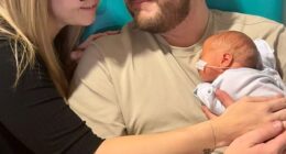 Becky Williams (left), 34, has welcomed her 'rainbow' baby with her new partner Tom (right) after tragically losing her first partner, Joe, and newborn girl within 5 years of each other