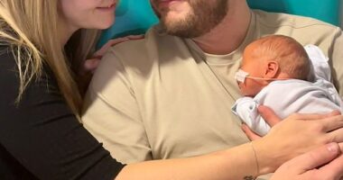 Becky Williams (left), 34, has welcomed her 'rainbow' baby with her new partner Tom (right) after tragically losing her first partner, Joe, and newborn girl within 5 years of each other
