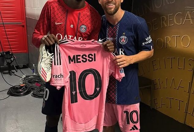 Ousmane Dembele (left) and Lionel Messi (right) swapped shirts after PSG beat Inter Miami 4-0
