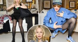 Madonna models a dozen outfits, including one demure Dior dress