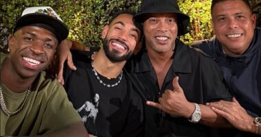 Matheus Cunha (second left) posed alongside Brazil icons Vinicius Jr (left), Ronaldinho (second right) and Ronaldo (right)