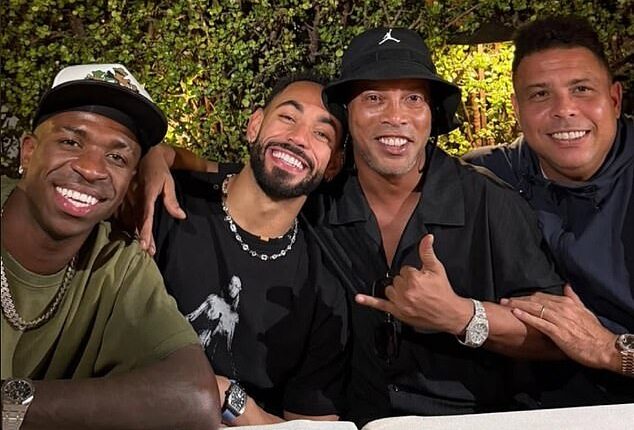 Matheus Cunha (second left) posed alongside Brazil icons Vinicius Jr (left), Ronaldinho (second right) and Ronaldo (right)