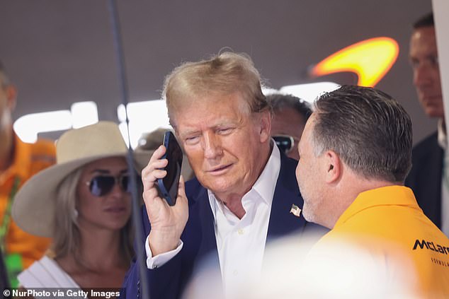 Donald Trump speaks to McLaren F1 CEO Zak Brown at the Miami Grand Prix last year