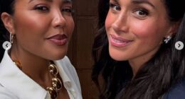 Meghan Markle looked radiant as she beamed for selfies with Emma Grede in behind-the-scenes snaps from their podcast interview together