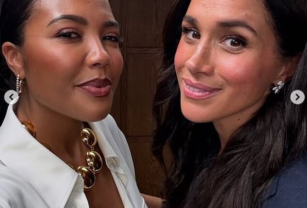 Meghan Markle looked radiant as she beamed for selfies with Emma Grede in behind-the-scenes snaps from their podcast interview together