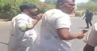 Astonishing footage showed the man walking away from the scene with some visible injuries to his face