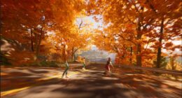 Image from the game Mixtape featuring teenage characters on skateboarding down the street on a fall day.