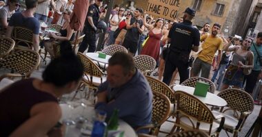 Police officers in Majorca had to form a protective shield in front of holidaymakers dining in a restaurant as crowds of anti-tourist protestors gathered during a mass demonstration on Sunday afternoon