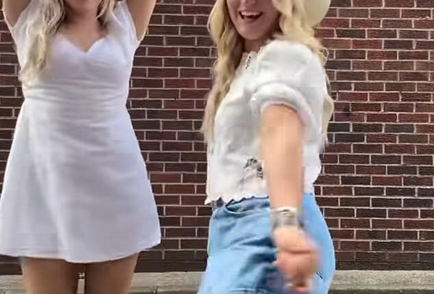 Diddly Squat farmhand Harriet Cowan (right) danced in a denim skirt and cowboy boots as she head out to a country day on Sunday