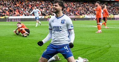 Robin Propper celebrates after scoring against Dundee United earlier this year - a rare highlight