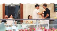 A 'newly single' Orlando Bloom enjoyed a boys' lunch with pals Tom Brady and Scooter Braun, (second from left) at hotel Gritti Palace on Thursday afternoon