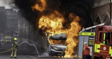 A van was destroyed by fire which erupted outside St Pancras station in London this morning